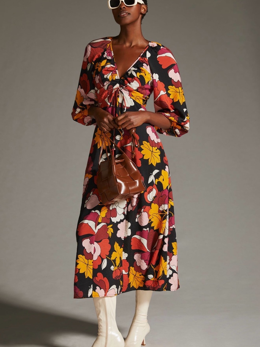 Maeve by Anthropologie Black Midi Dress with Red, Pink & Yellow Floral Print - Picture 1 of 4